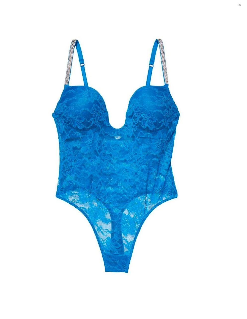 Боді зі стразами мереживний Victoria's Secret U-Wire Lace Shine Strap Teddy S Синій (26145915)