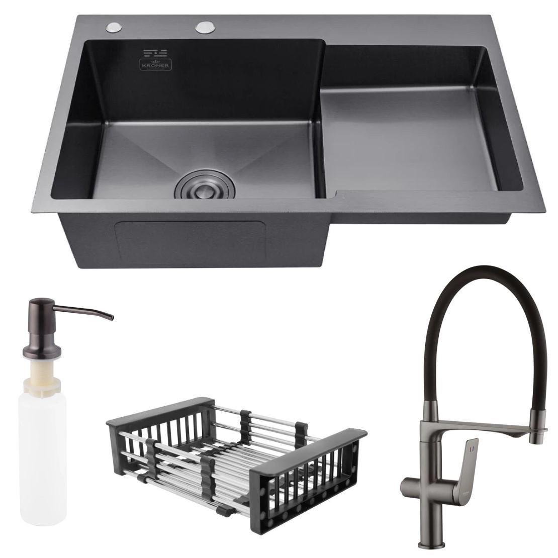 Мойка Kroner 7848LHM левая и кран для кухни с подключением к фильтру Kroner KRP Graz-GRP03815