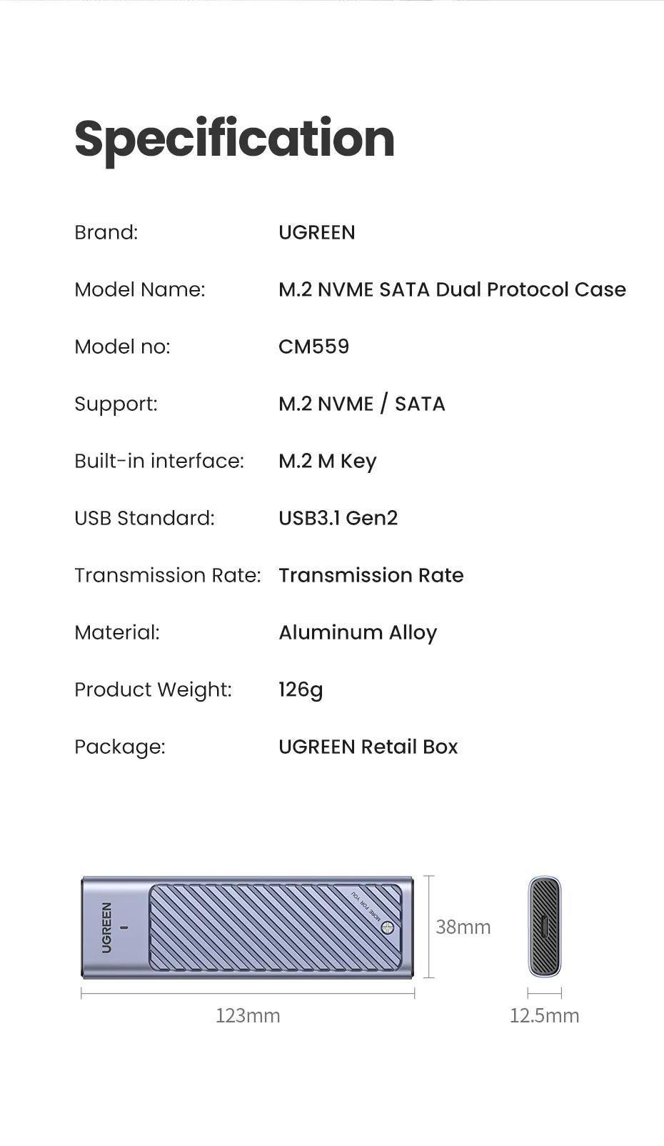 Корпус UGREEN для M.2 NVME та SATA SSD дисків 10 Гбіт/с з кабелями M та B&M 2280/2230/ 2242/2260 для PCI-e та NGFF Сріблястий (90408) - фото 8