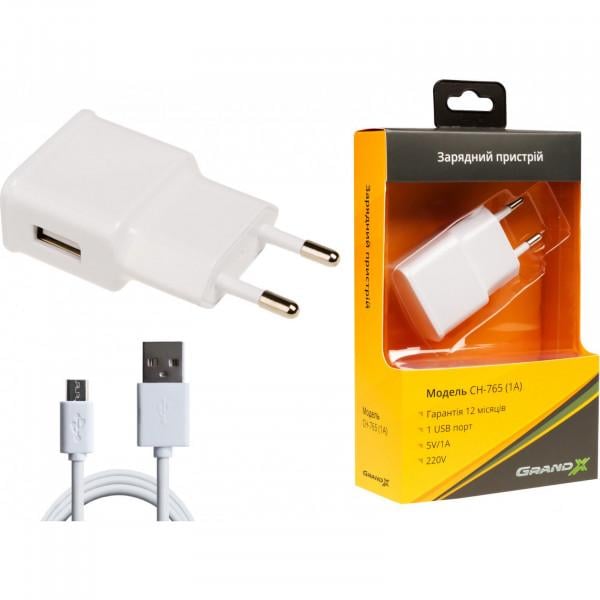 Зарядное устройство Grand-X (1xUSB 1A) White (CH-765UMW) + microUSB кабель