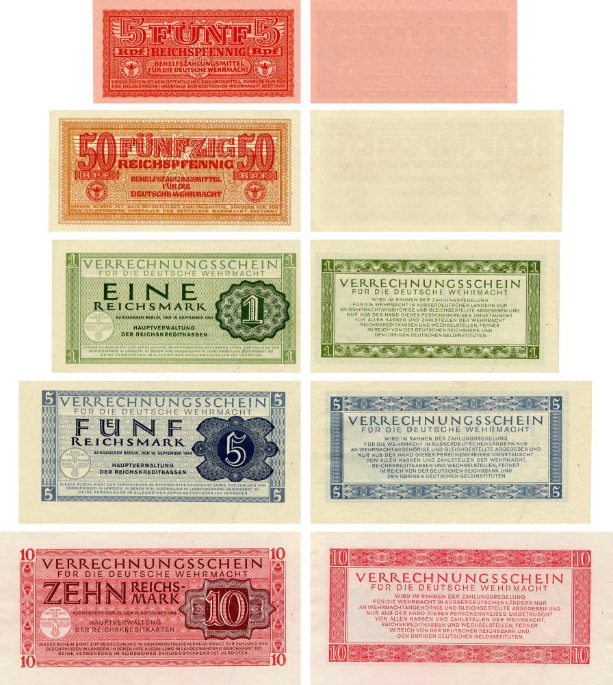 Коллекционная банкнота Германия набор из 5 банкнот 1942–1944 VF-AU 5/50 пфеннигов 1/5/10 марок (Б24346)