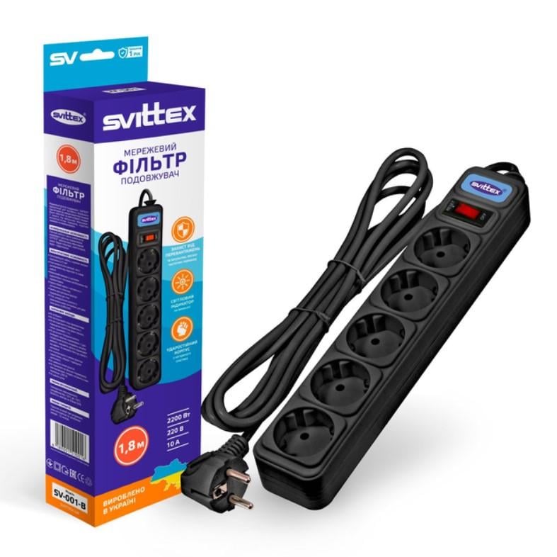 Фильтр-удлинитель SVITTEX 5 розеток с заземлением и выключателем 2200 Вт 250 В 10 А 1,8 м Черный - фото 1 Фильтр-удлинитель SVITTEX 5 розеток с заземлением и выключателем 2200 Вт 250 В 10 А 1,8 м Черный - фото 1
