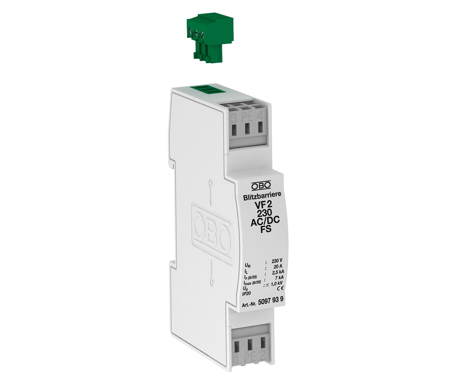 Модуль защиты OBO bettermann VF2-230-AC/DC-FS 3P 7кА 230 В AC/DC класc 3 D для контрольно-измерительных устройств с FS контактом (5097939)