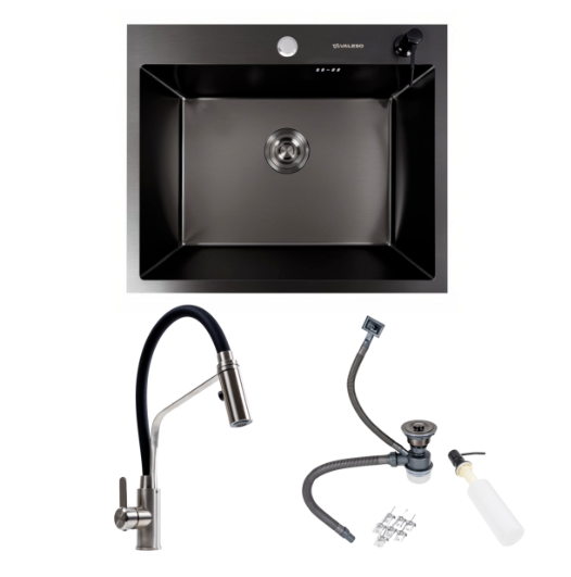 Мойка для кухни Valeso Handmade PVD 60x50 см с гибким смесителем Черный (29320109)