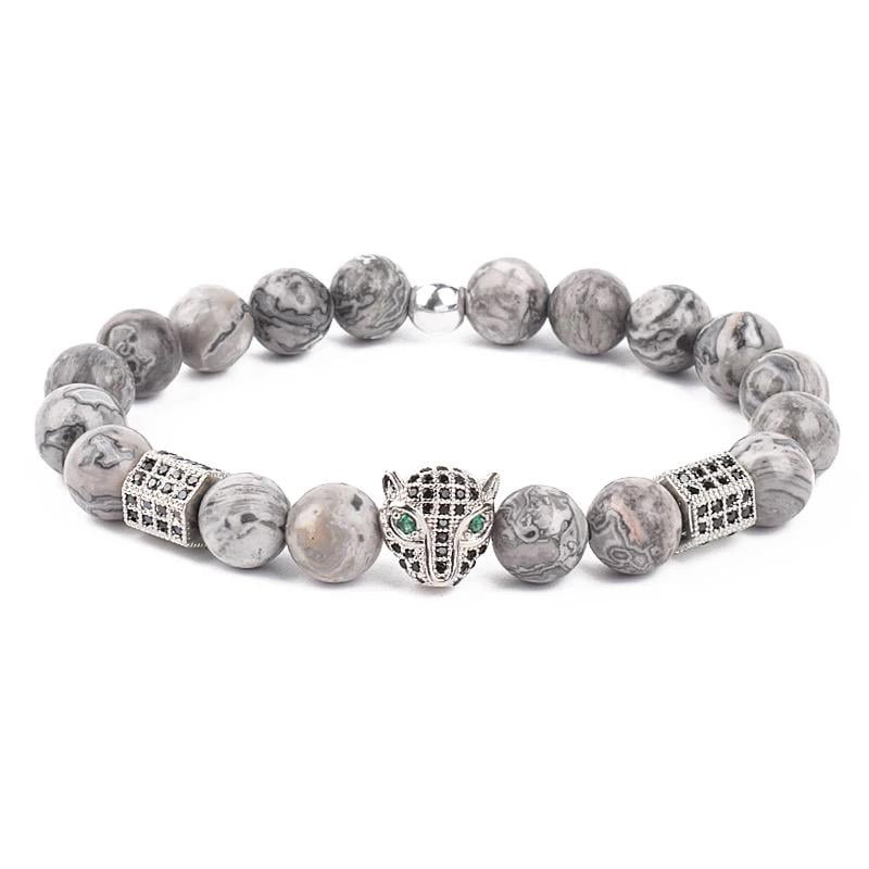 Браслет из яшмы с пантерой и многогранниками р. 19 Серебряный/Серый (13015)