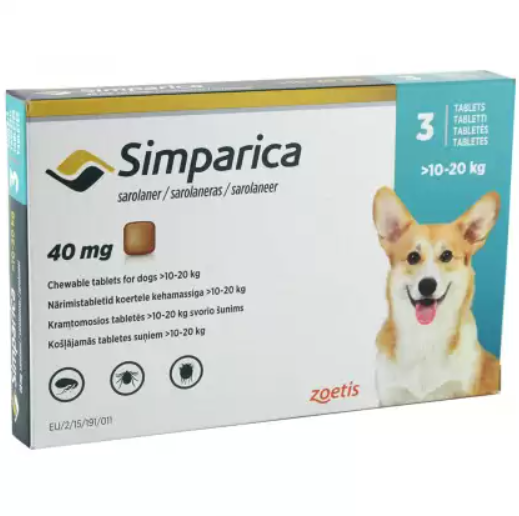 Средство от блох Simparica для собак весом 10-20 кг. 3 табл. по 40 мг (00000001740)