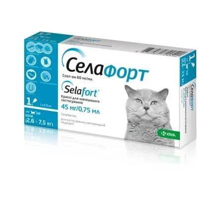 Капли Селафорт от блох клещей и гельминтов для кошек весом 2,6-7,5 кг 1 пипетка