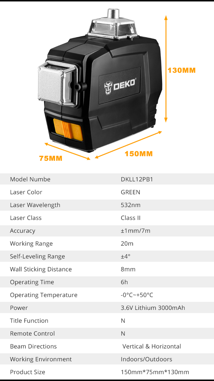 Профессиональный лазерный уровень нивелир Deko DKLL12PB1 3D 12 линий Зеленый луч - фото 8