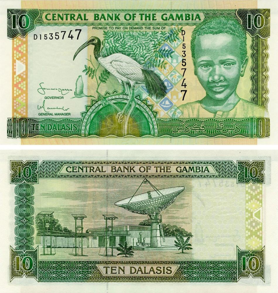 Коллекционная банкнота Гамбия 10 даласи 2005 UNC Птица P21с (Б15886)