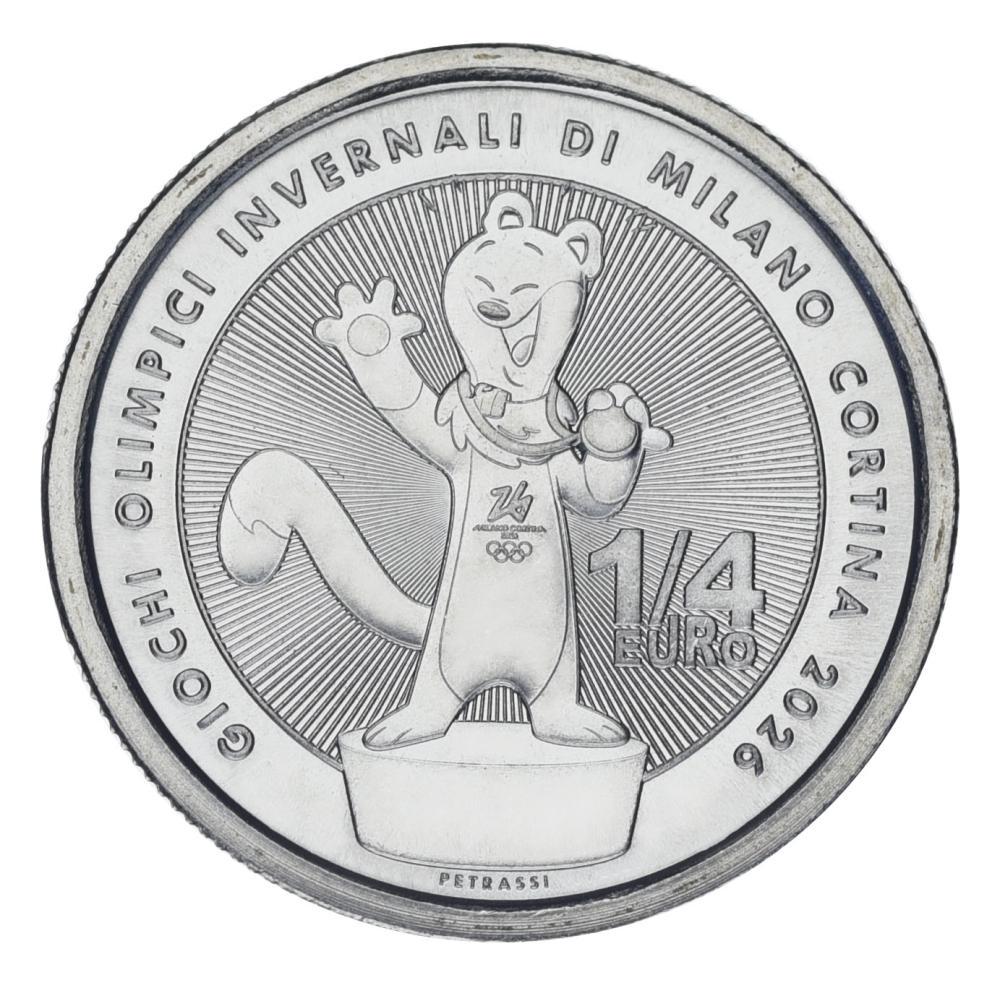 Коллекционная монета Италия 1/4 евро 2025 UNC XXV зимние Олимпийские игры в Милане и Кортина-Талисман (М22252)