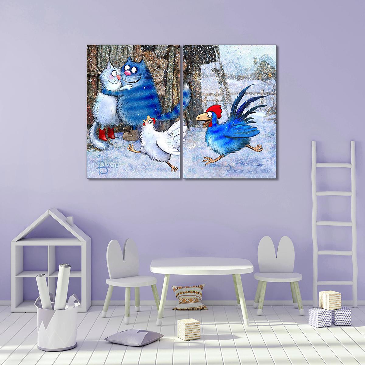 Модульная картина Кот и Петух ухлёстывают за дамами 2 модуля 30х45 см