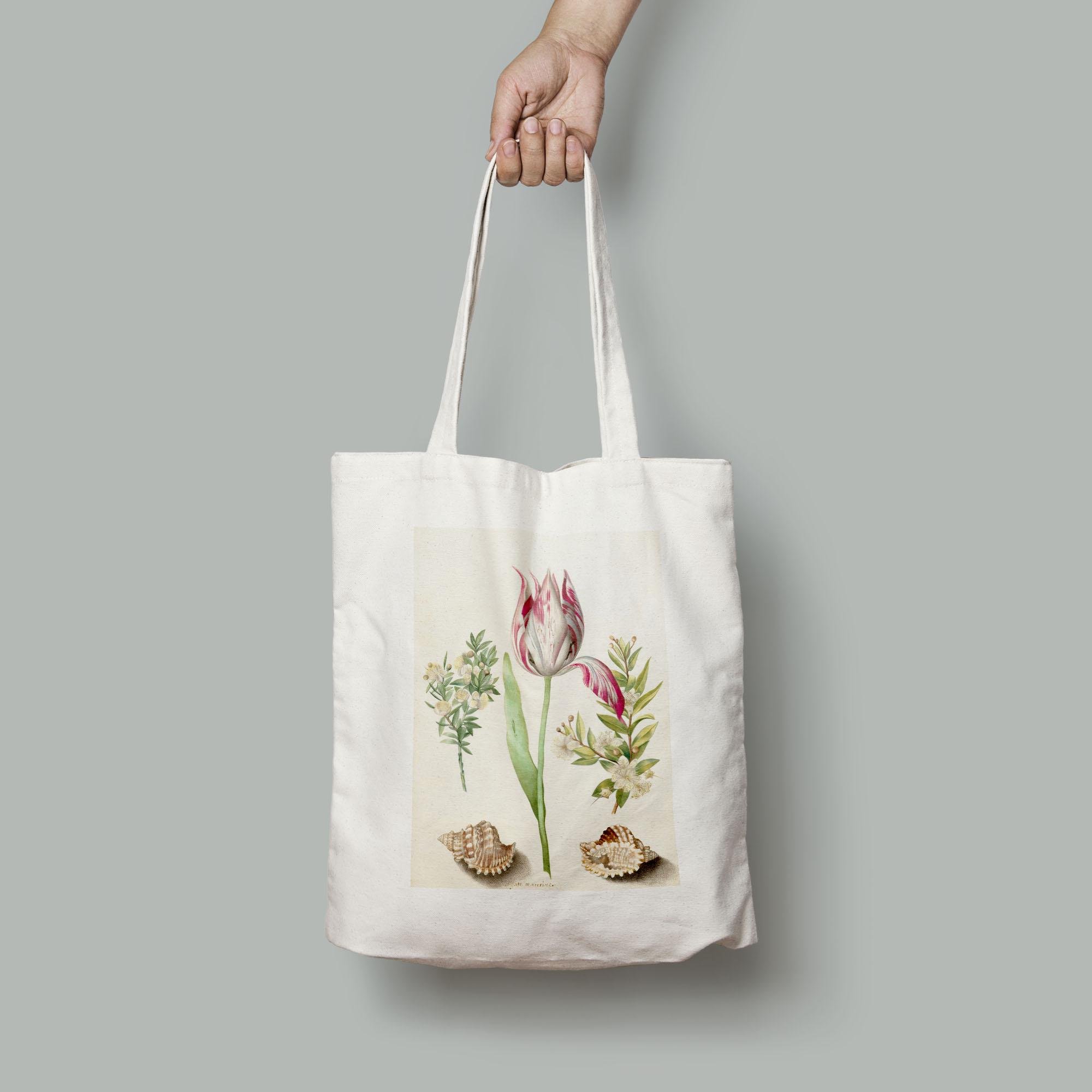 Еко-сумка Вінтажний квітковий принт Тюльпан з двома гілками мирта і двома мушлями шопер (Flowers_1918005_Bag)