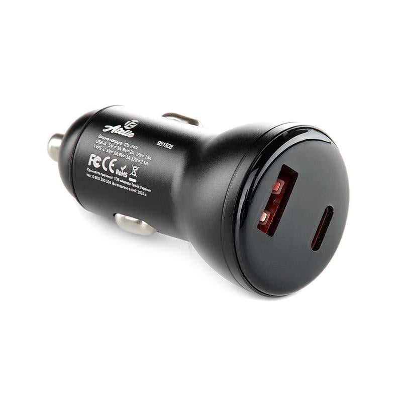 Зарядное устройство автомобильное 12 Atelie USB/Tipe-C 12/24V 5V 3A Черный (951808) Зарядное устройство автомобильное 12 Atelie USB/Tipe-C 12/24V 5V 3A Черный (951808)