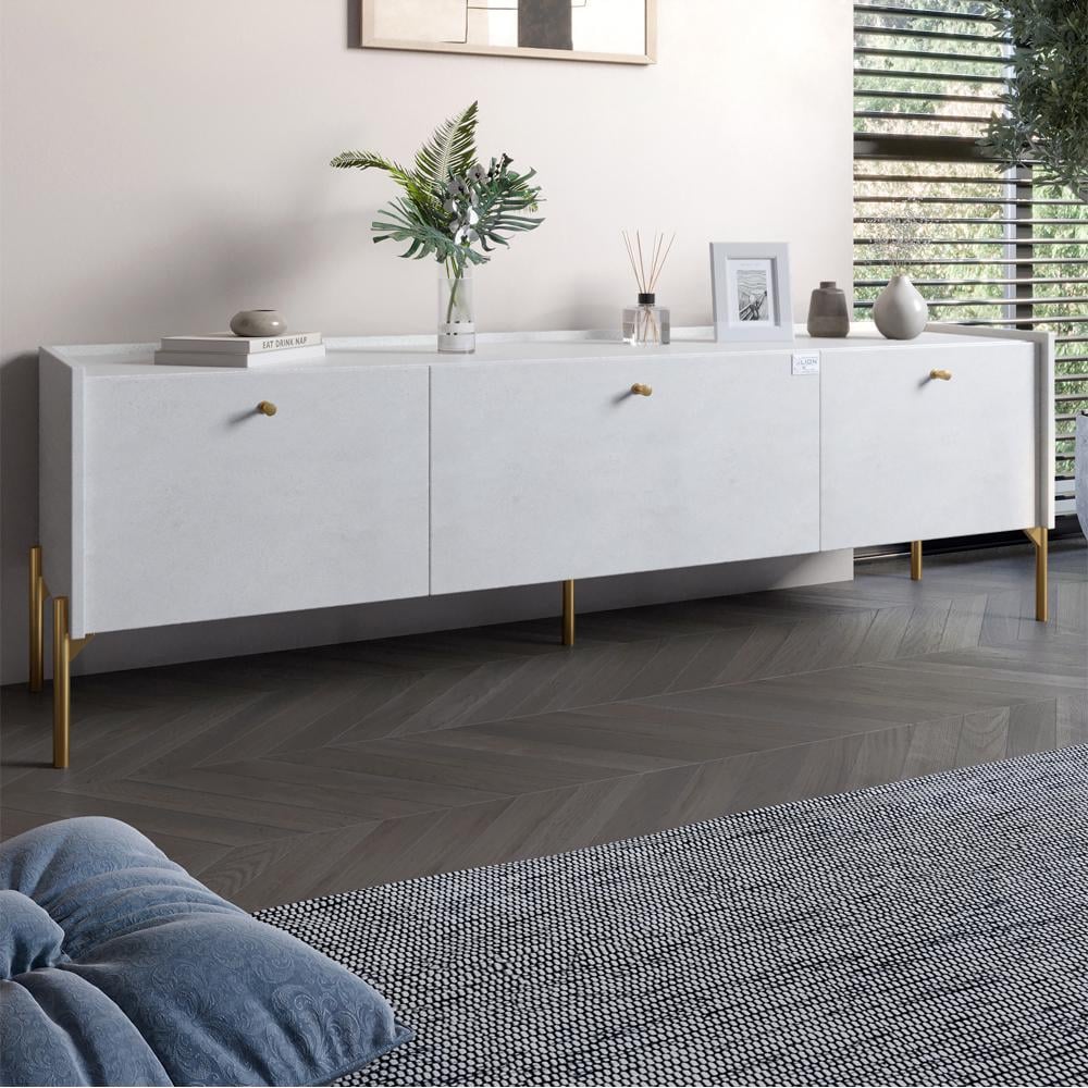 Тумба под телевизор на 3 ящика Lion Wood с золотыми ножками 160х65х40 см Бетон style (000-000-2334)