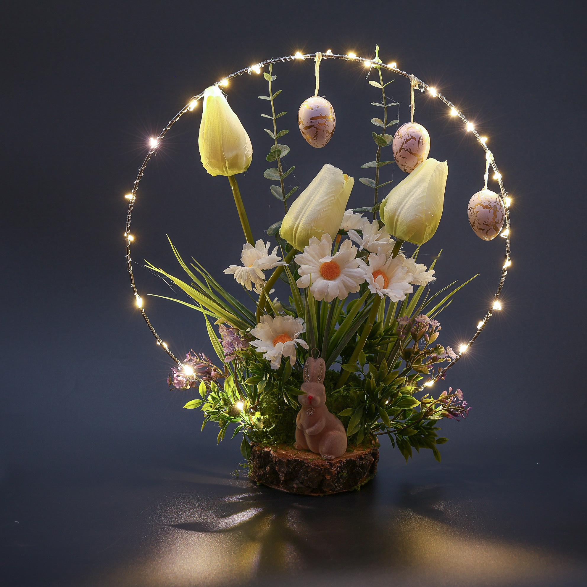 Пасхальная интерьерная композиция Gala Decor с зайкой в ​​цветах на деревянном срезе с LED-подсветкой (30х30 см)