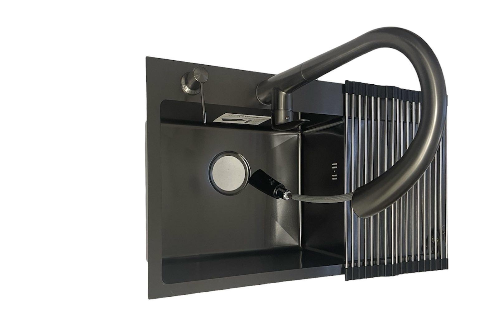 Мойка кухонная Luminex 7844см левая и выдвижной смеситель Luminex из латуни Черный