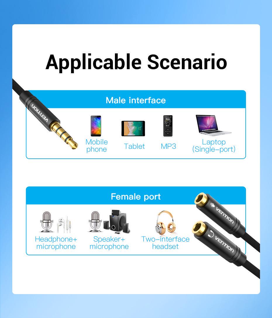 Перехідник Vention 3.5 мм minijack-2х3.5 мм/minijack AUX 4-піновий нейлонове обплетення TRRS 0,3 м Чорний (BBMBY) - фото 3 Перехідник Vention 3.5 мм minijack-2х3.5 мм/minijack AUX 4-піновий нейлонове обплетення TRRS 0,3 м Чорний (BBMBY) - фото 3