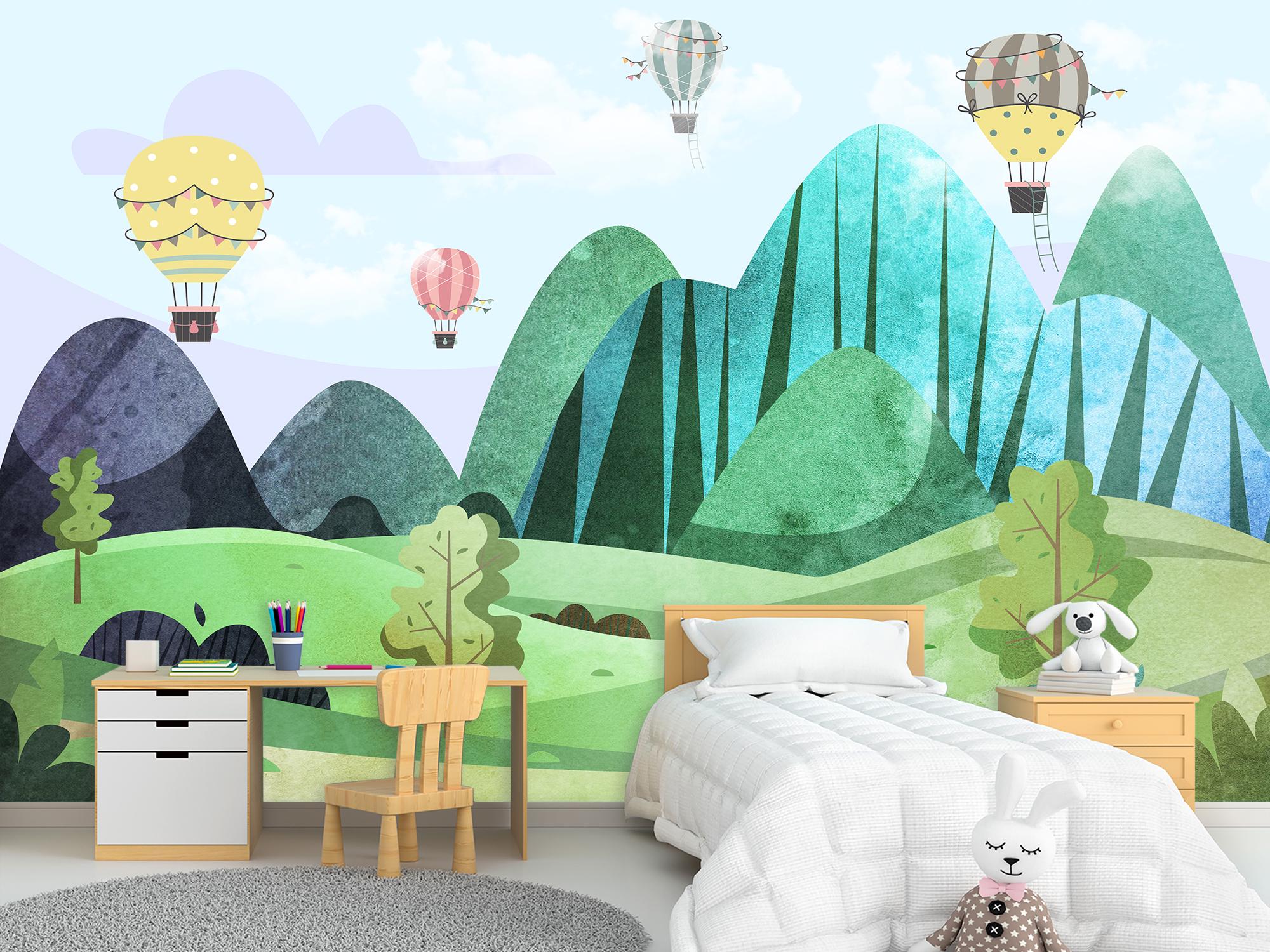 Фотообои флизелиновые для детской комнаты Горный лес с воздушным шаром 245х368 см (S5KID-027/7)