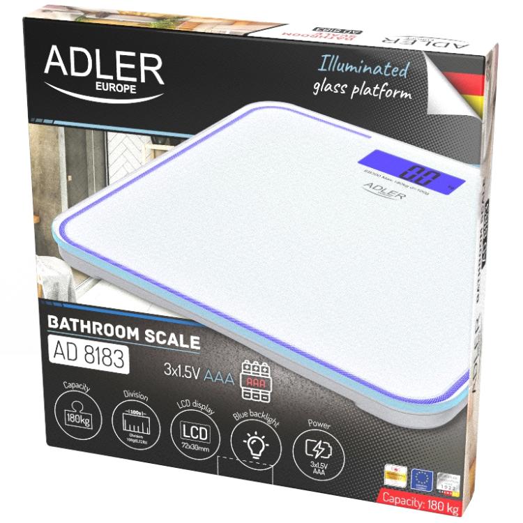 Ваги підлогові електронні Adler AD 8183 до 180 кг 2хАААА автовимкнення/синє підсвічування White (AD8183) - фото 3 Ваги підлогові електронні Adler AD 8183 до 180 кг 2хАААА автовимкнення/синє підсвічування White (AD8183) - фото 3