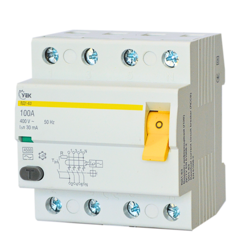 Устройство защитного отключения УЕК ВД1-63 4P 100A 30мА тип АС (MDV10-4-100-030-U) Устройство защитного отключения УЕК ВД1-63 4P 100A 30мА тип АС (MDV10-4-100-030-U)