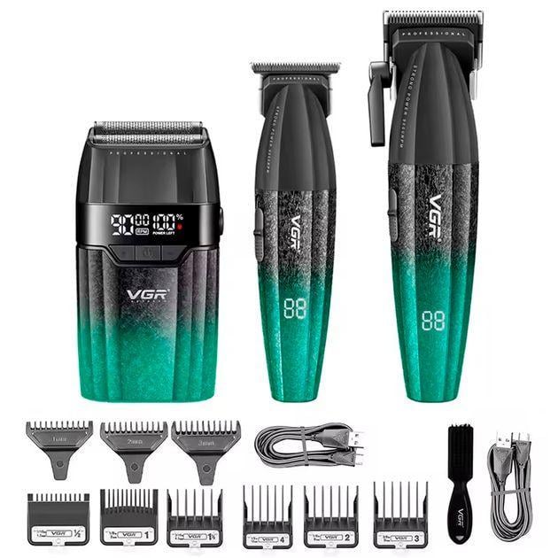 Парикмахерский комплект VGR V-640 S3 с машинкой триммером и бритвой Black/Green (10620)