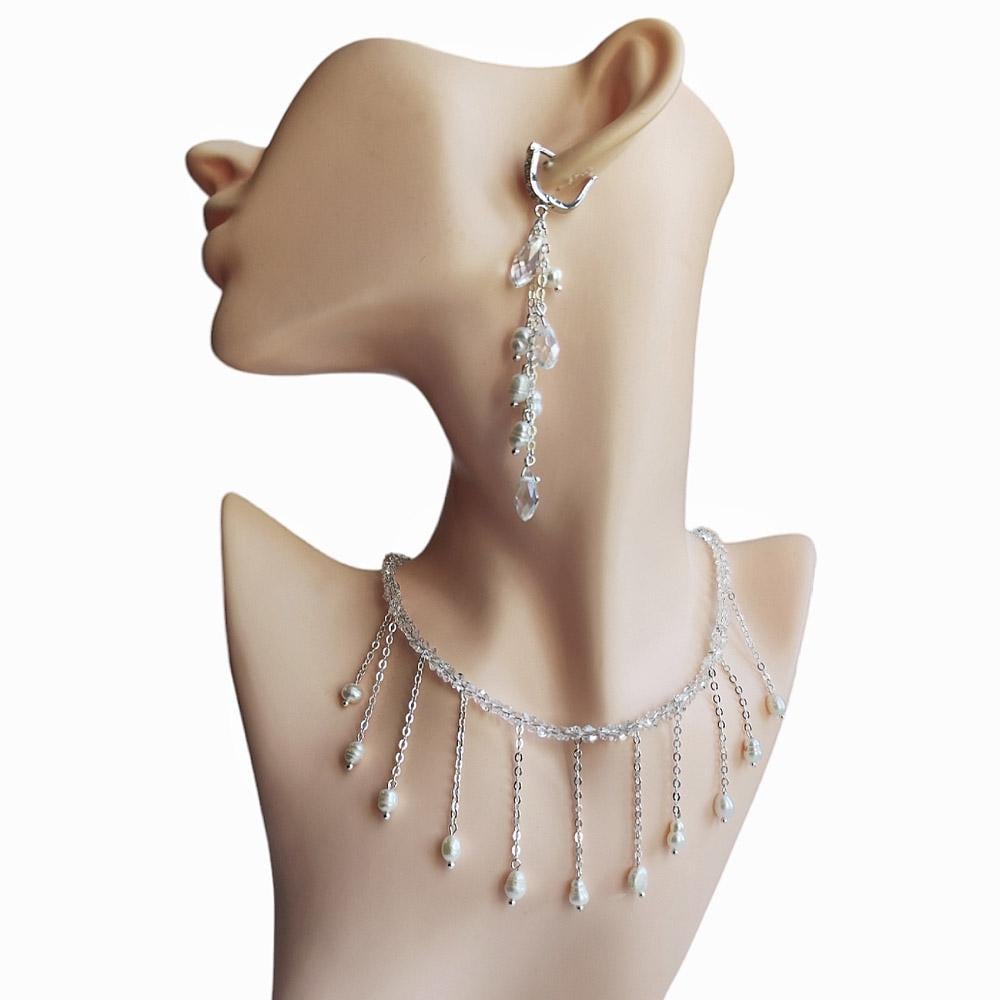 Набор украшений на свадьбу чокер и серьги-подвески ручной работы с натуральным жемчугом (NP-0065)