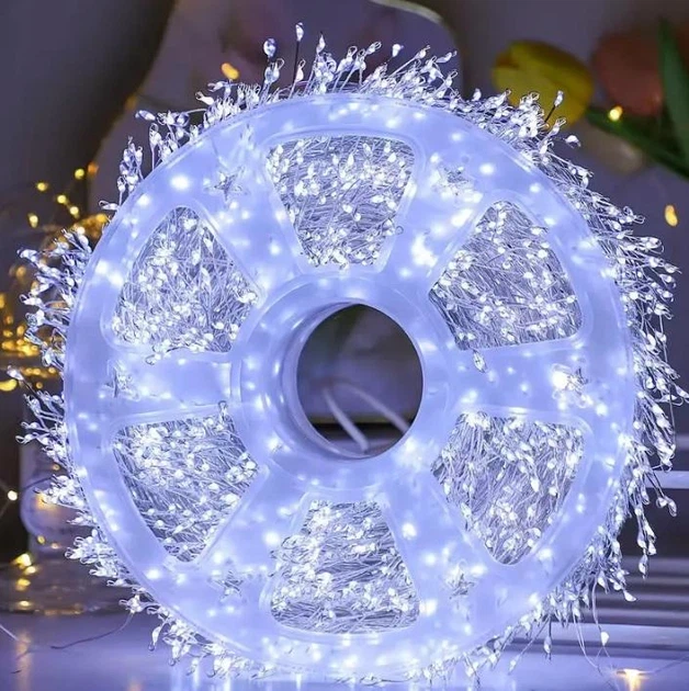 Гирлянда мишура Хвойная лапа с белой проволокой 50 м 1500 LED от розетки 8 режимов Холодный белый