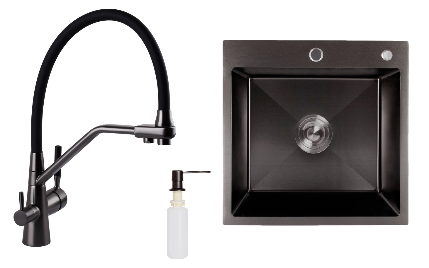 Мийка для кухні з нержавіючої сталі 50/50 Lidz із змішувачем під фільтр/осмос та дозатором Чорний/Графіт Мийка для кухні з нержавіючої сталі 50/50 Lidz із змішувачем під фільтр/осмос та дозатором Чорний/Графіт