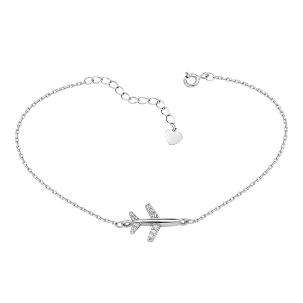 Колье серебряное Самолет на тонкой цепочке с белыми фианитами