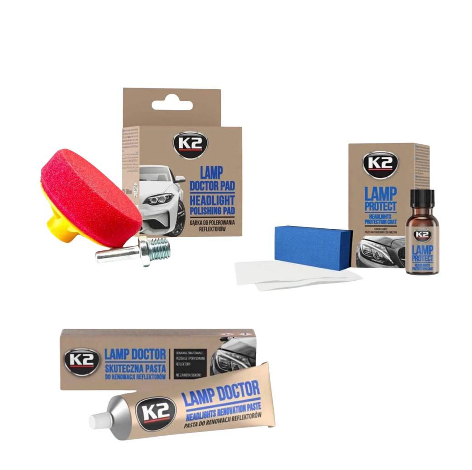 Набор для восстановления и защиты фар K2 Lamp Doctor/K2 Lamp Protect/полировальная насадка