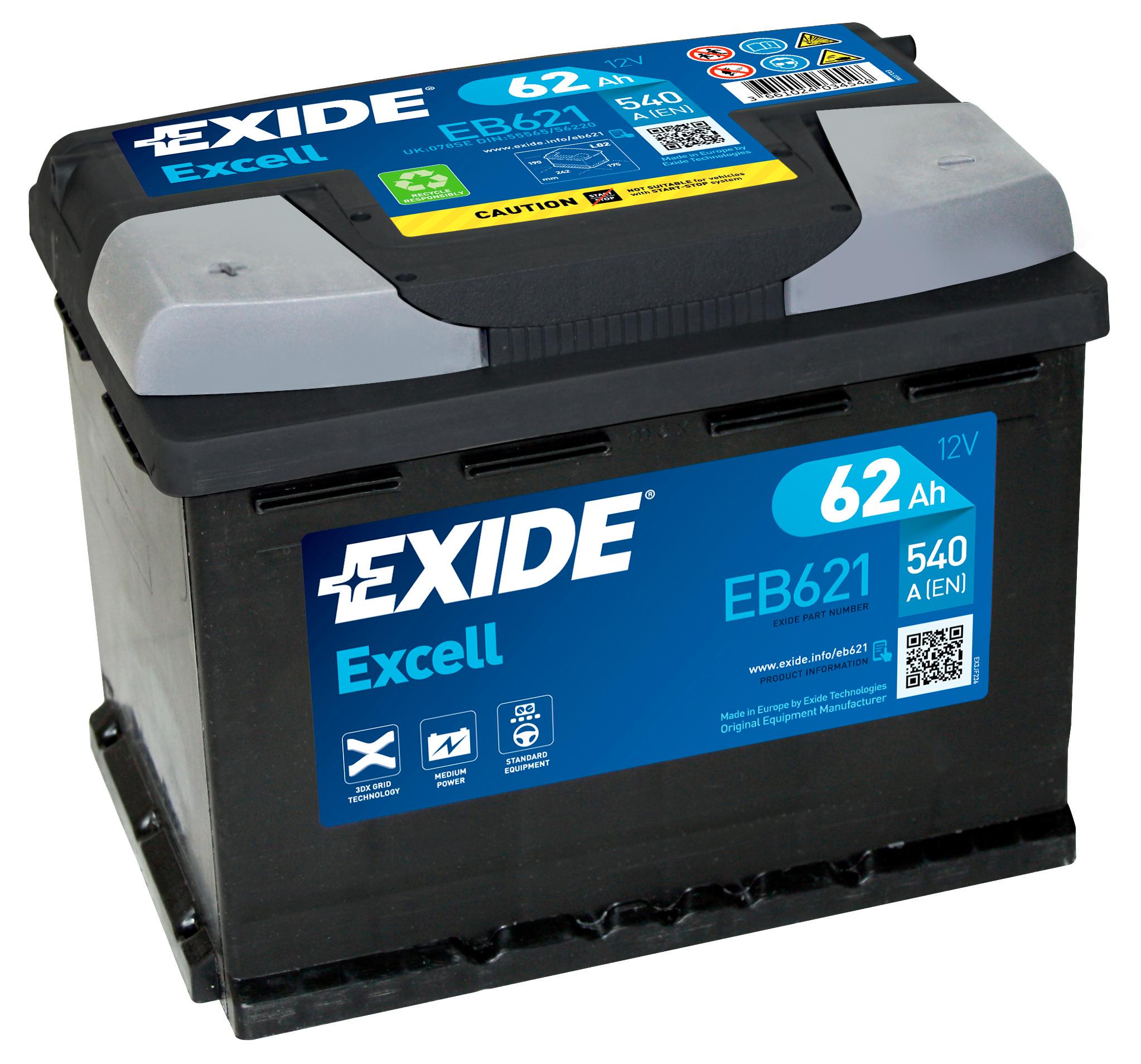 Аккумулятор автомобильный EXIDE Excell EB621 EN 6СТ-62 Ah Аз 540 A (5110)