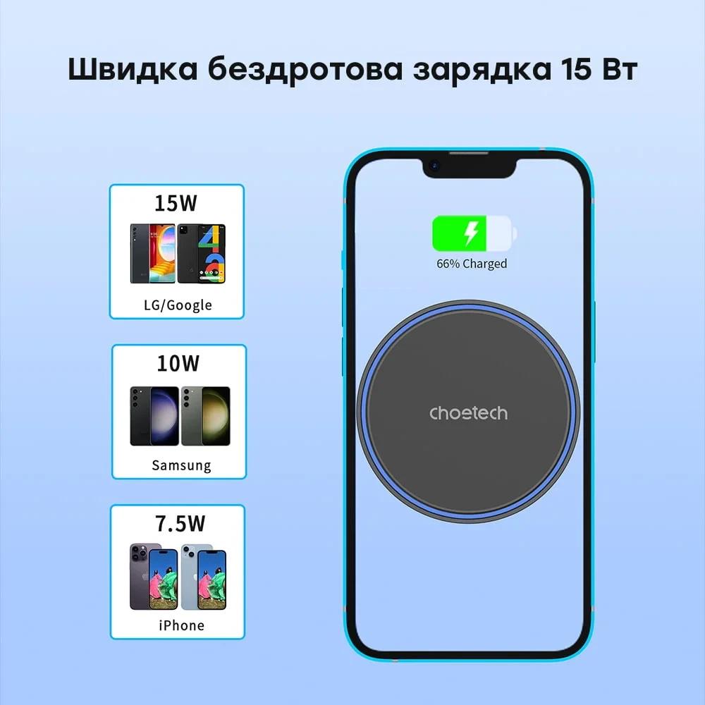 Зарядний пристрій Choetech T205-F бездротовий магнітний Qi 15Вт 65 мм Чорний (634278) - фото 2