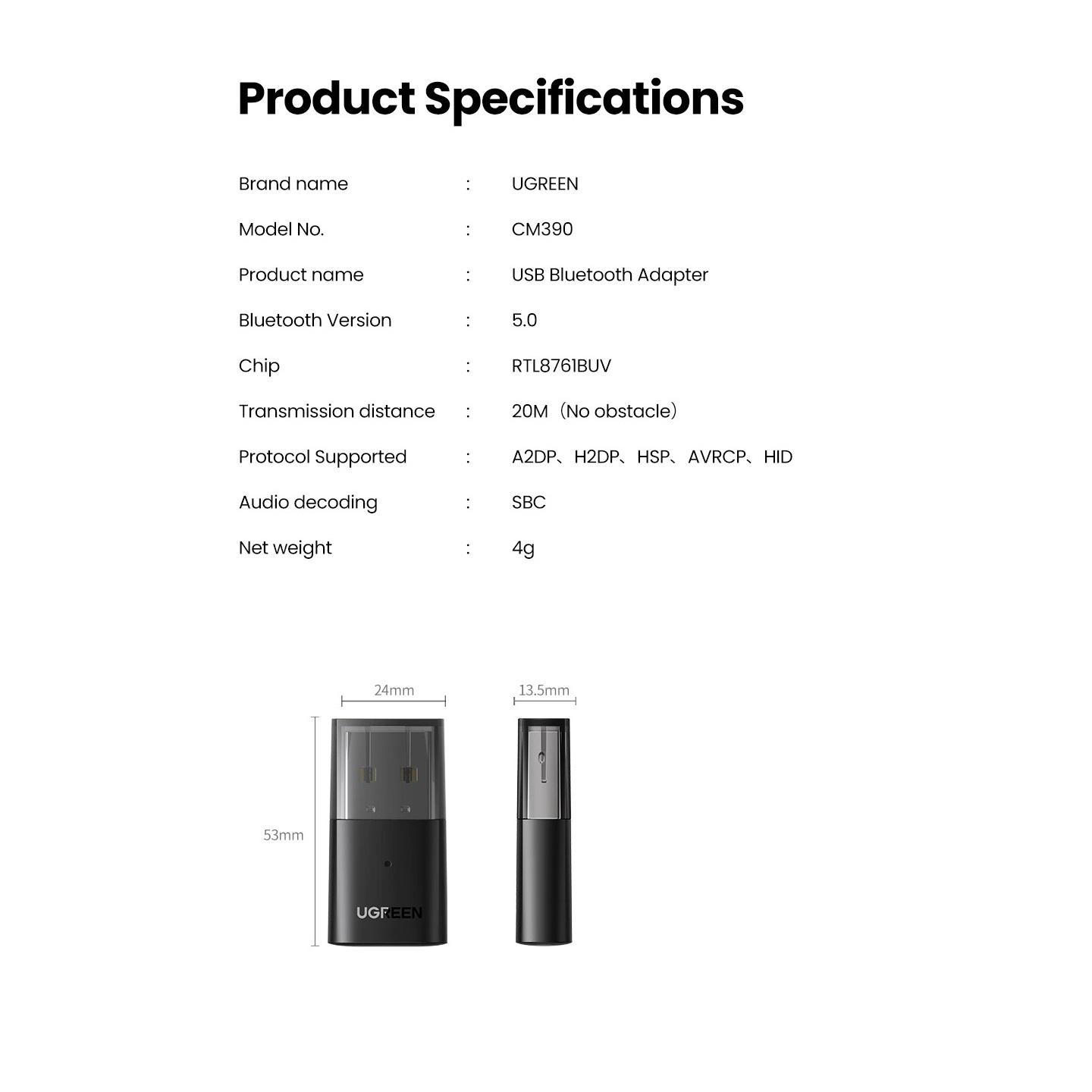 Адаптер блютус UGREEN CM390 USB Bluetooth 5.0 Adapter Black (80889) - фото 9