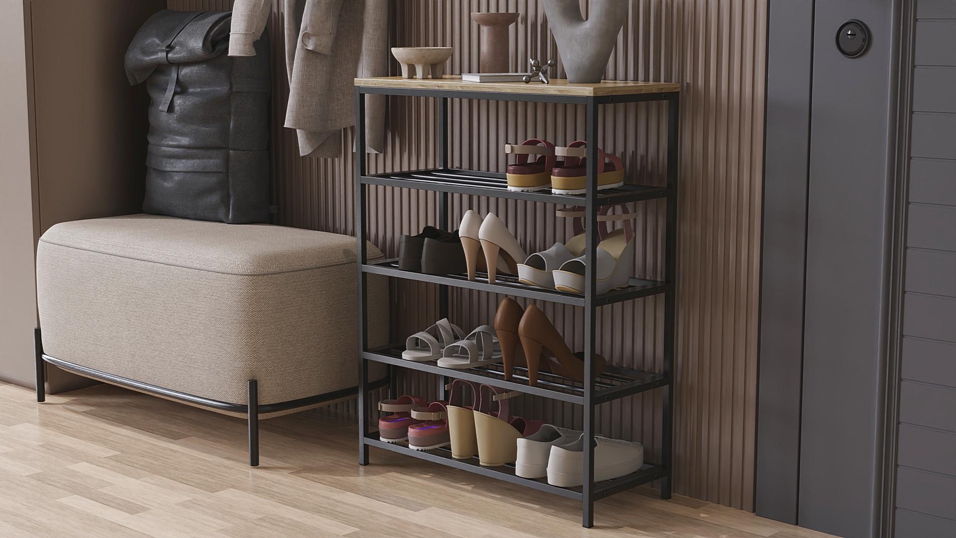 Полка для обуви Ferrum-decor Слайм 4 металл/ДСП 16 мм 820x630x260 мм Черный/Дуб Сонома (FRD-105162)