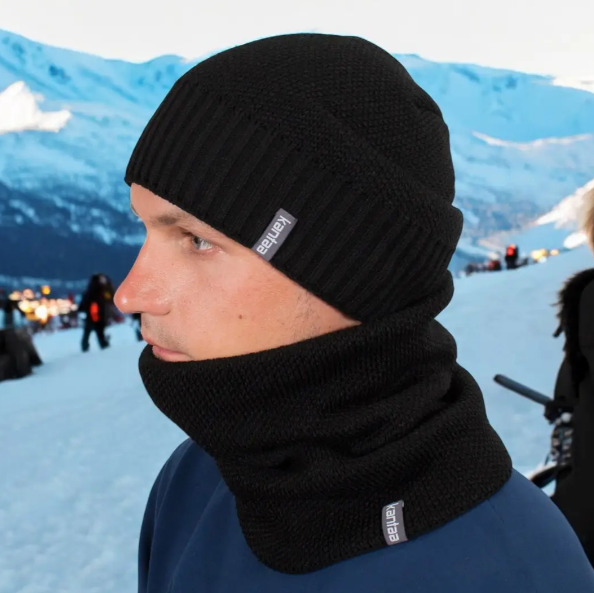 Комплект мужская шапка с отворотом и снудом на флисовой подкладке Черный (29548327)