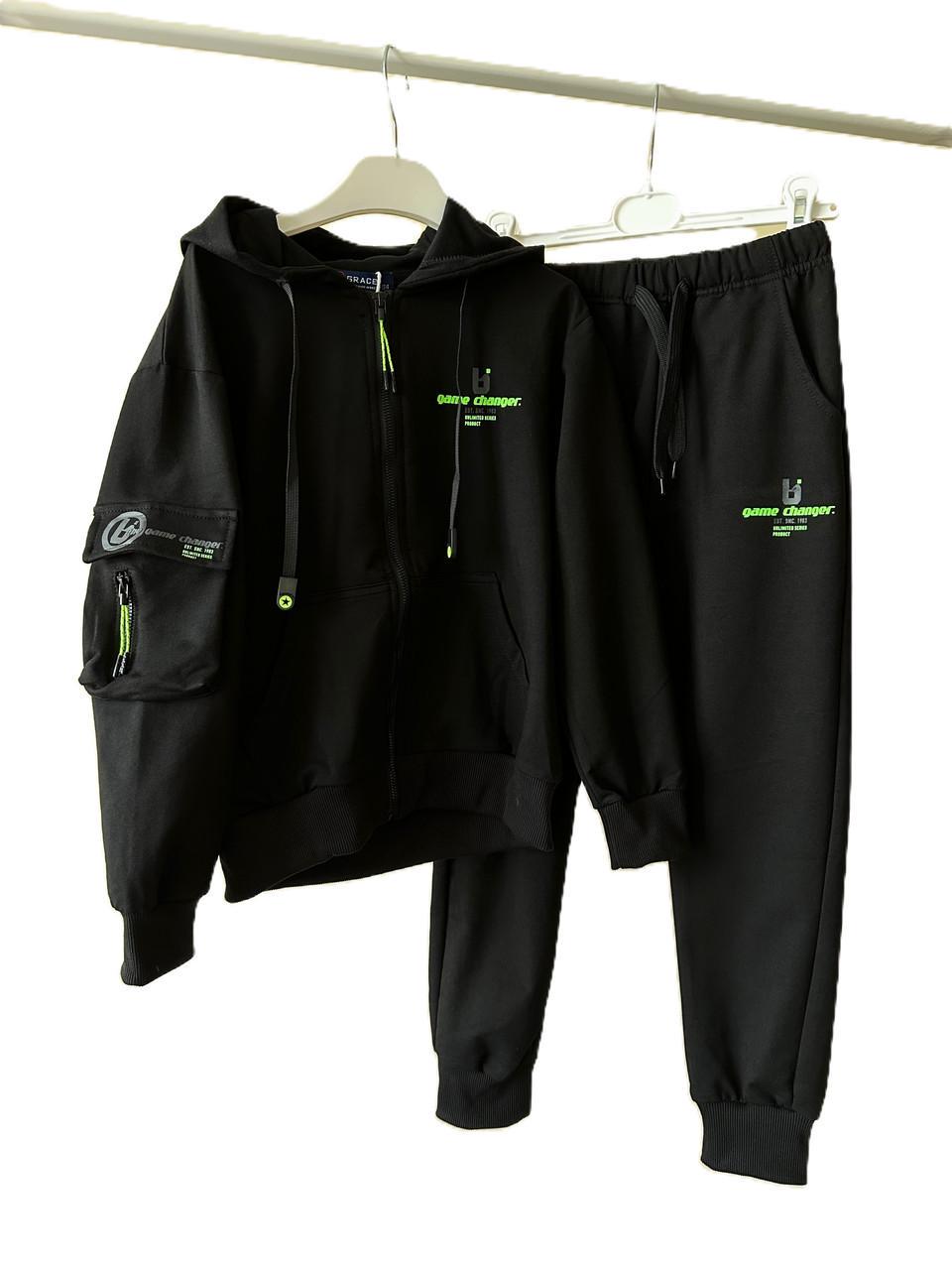 Спортивний костюм худі з блискавою та штани-джогери Grace B13969-1 140 см Чорний/Зелений