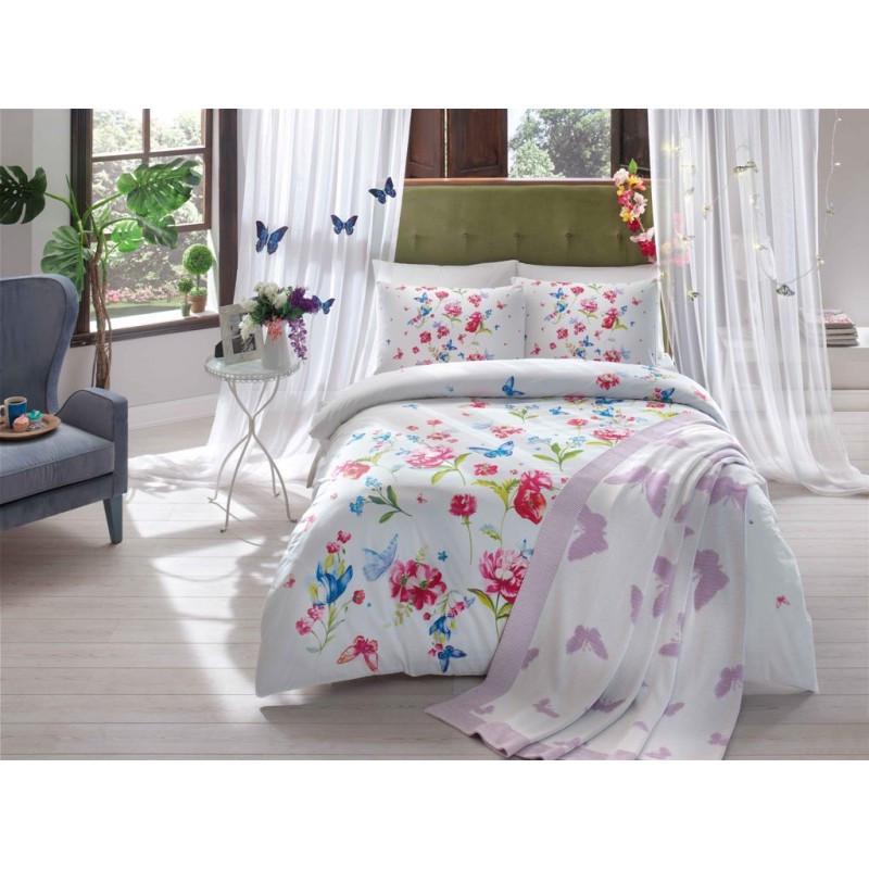 Набор постельного белья TAC + плед вязанный Triko Goldy lila V1 евро (2000008484923)