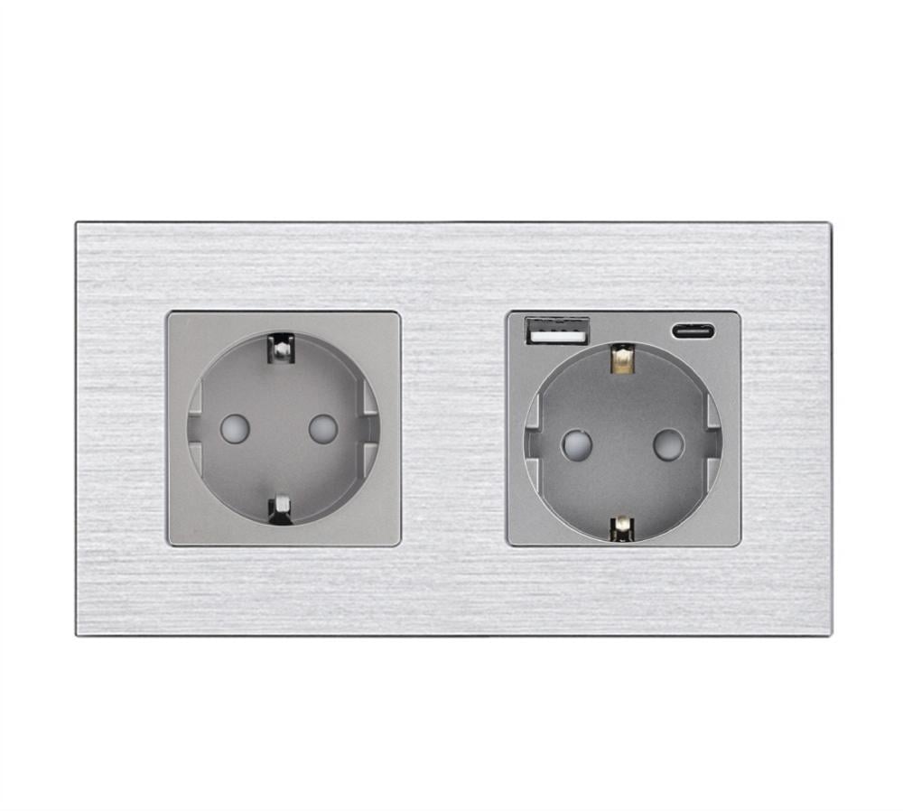 Розетка двойная WALLPAD с USB A+C 20Вт с заземлением/шторками 250В 16А алюминиевая рамка Серый (WP-M2FGAC-GY)