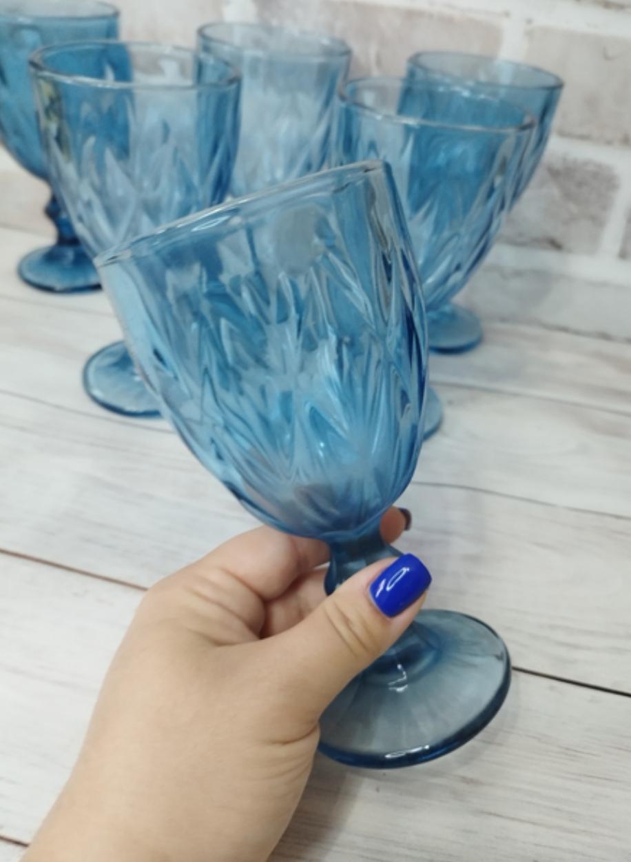 Набір келихів для вина TS Kitchen HP035BL з товстого скла гранованих фігурних 6 шт. по 300 мл Блакитний (HP035BL) - фото 3 Набір келихів для вина TS Kitchen HP035BL з товстого скла гранованих фігурних 6 шт. по 300 мл Блакитний (HP035BL) - фото 3
