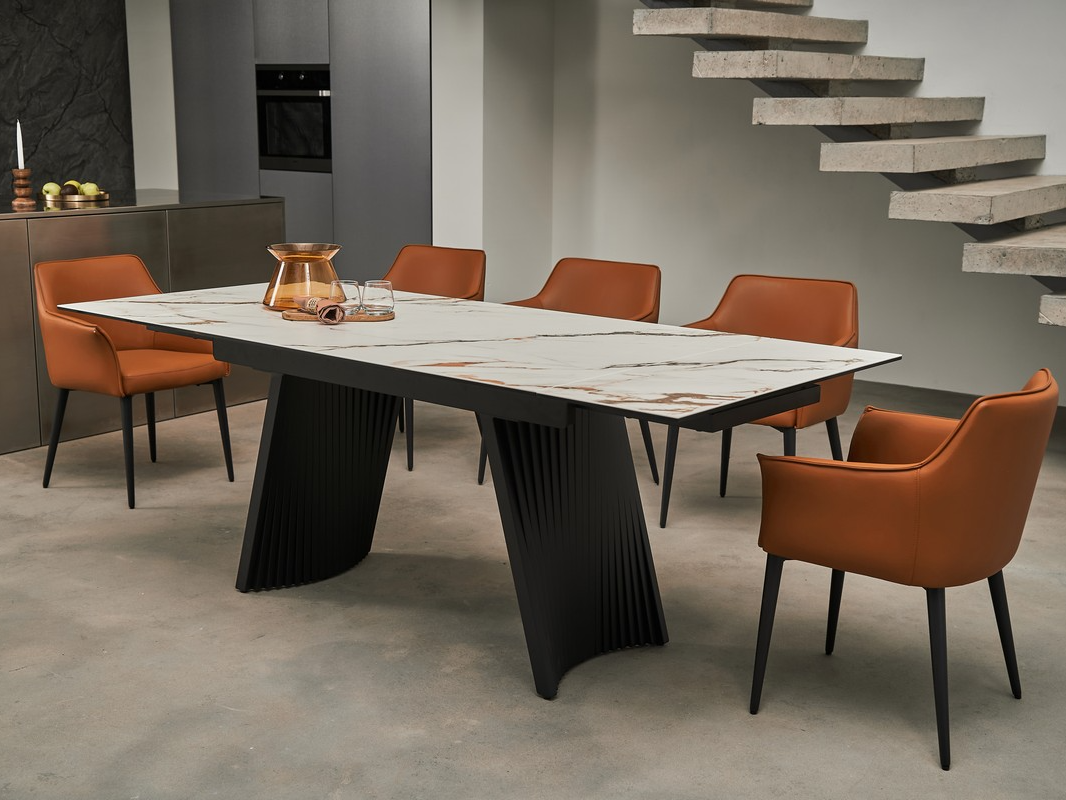 Стол обеденный раскладной Vetro Mebel TML-985 Олимпия из керамики+стекло/метал 90х140/70 см Касса голд/Черный (TML-985-kasa-gold/black) - фото 4