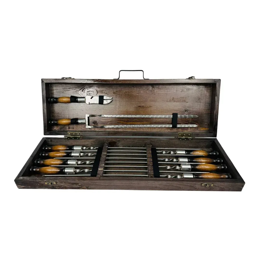 Набор шампурови аксессуаров Премиум из нержавеющей стали на 10 предметов в деревянном кейсе Коричневый (146-10-KS-7612)