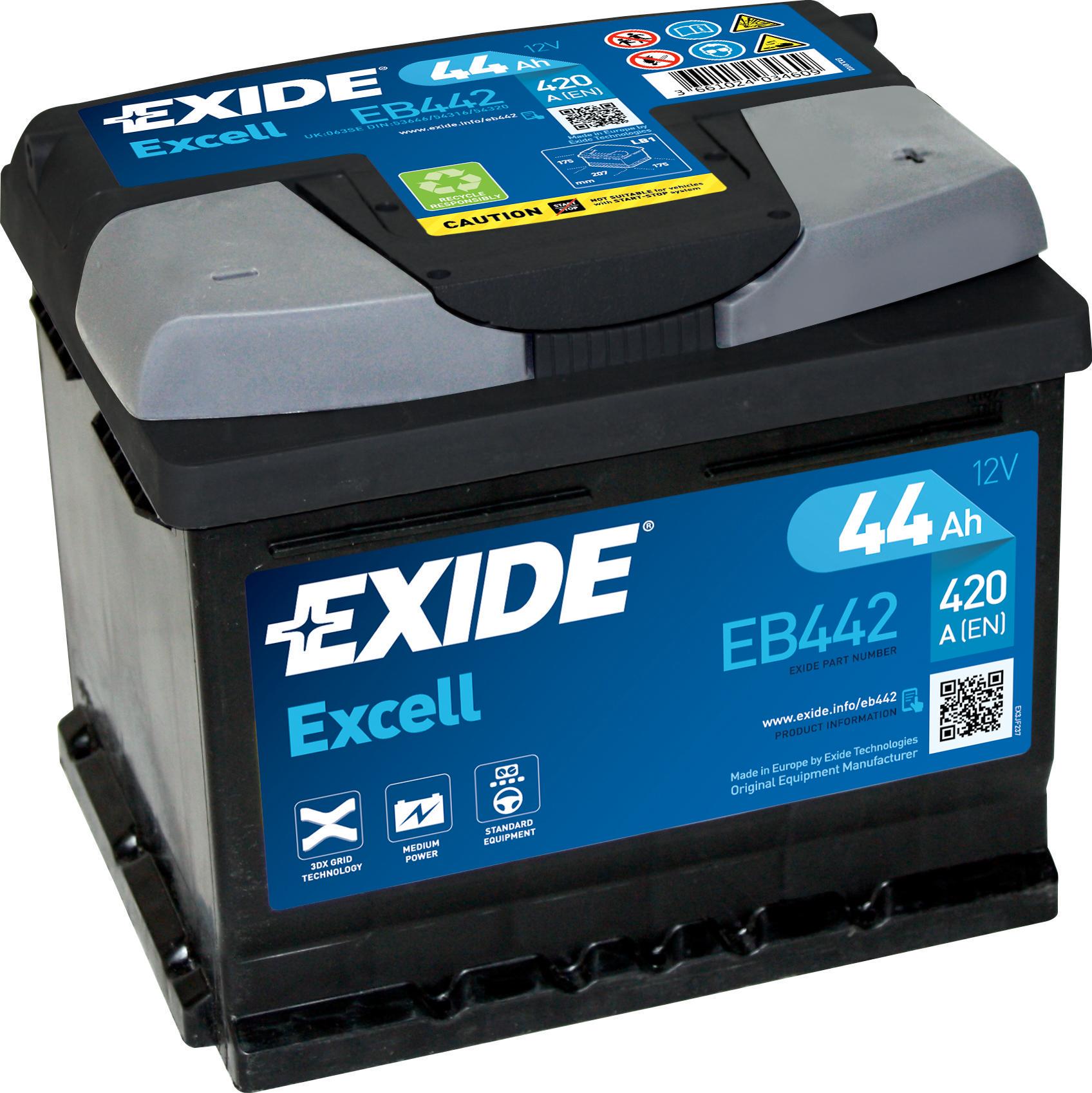 Акумулятор автомобільний EXIDE Excell EB442 EN 6СТ-44Ah АзЕ 420A (76208)
