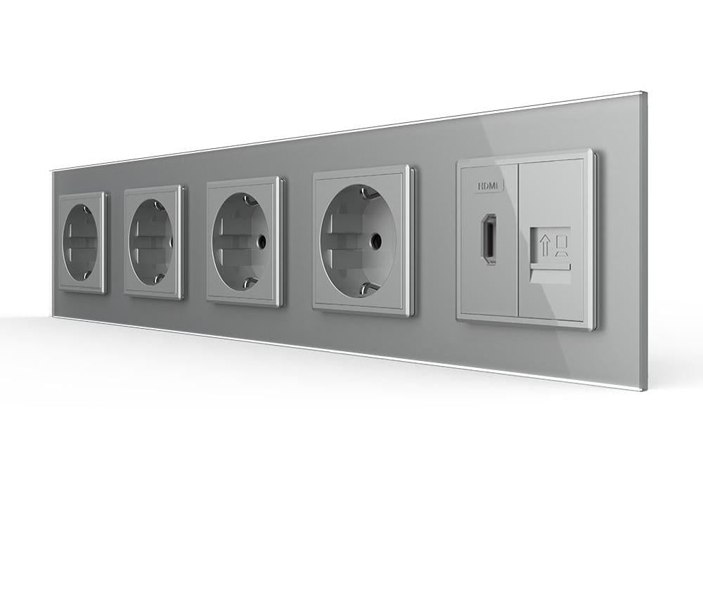 Розетка пятиместная LIVOLO с HDMI/интернет RJ-45 настенная стеклянная рамка Серый (VL-C7FCTC16A/FCHD/FCCP-10IP)