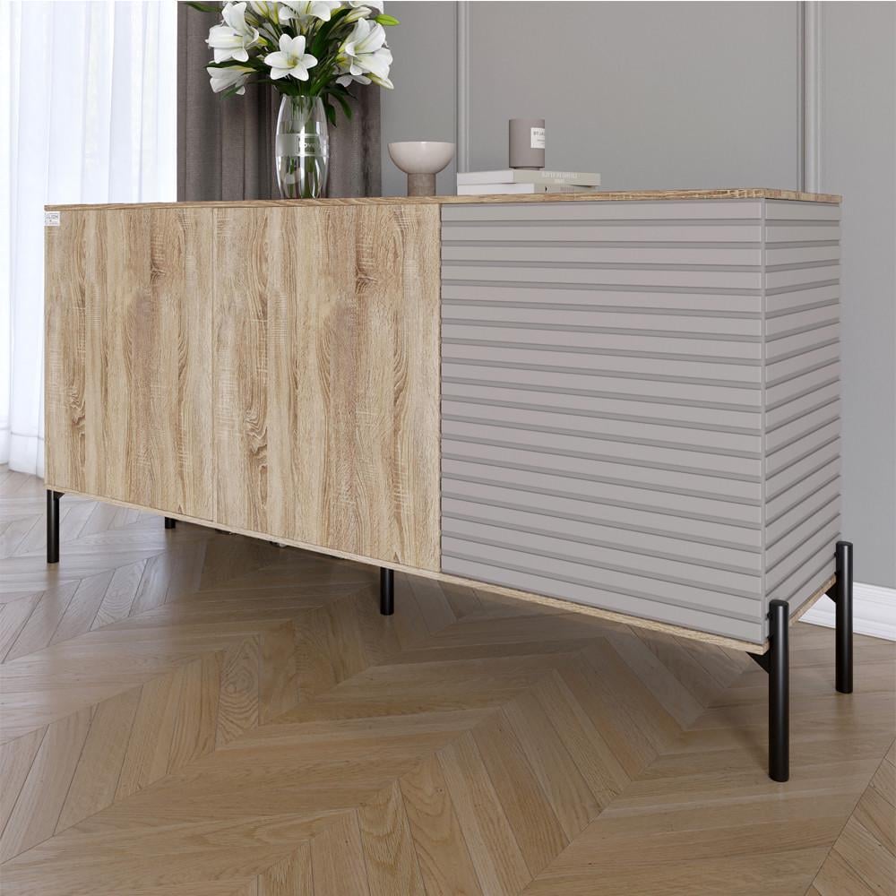 Комод закрытый в гостиную на черных металлических ножках Lion Грей 154x38x76,5 см Дуб сонома/Кашемир (Lion-041812) - фото 1