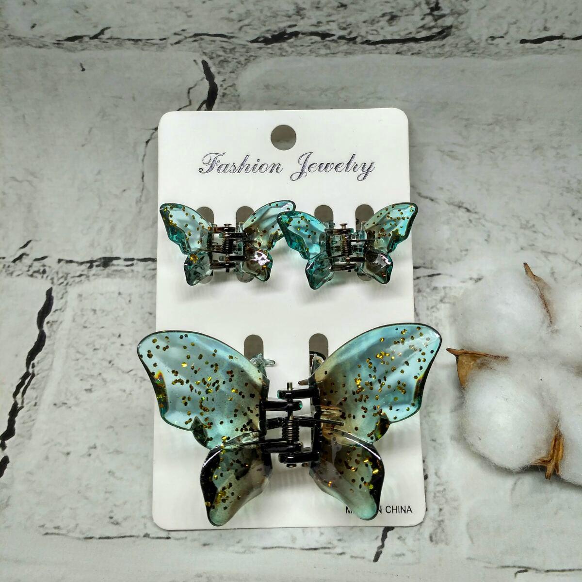 Крабик для волос Бабочки в блестках прозрачные заколка зажим набор из 3 шт. Голубой (8427-3)