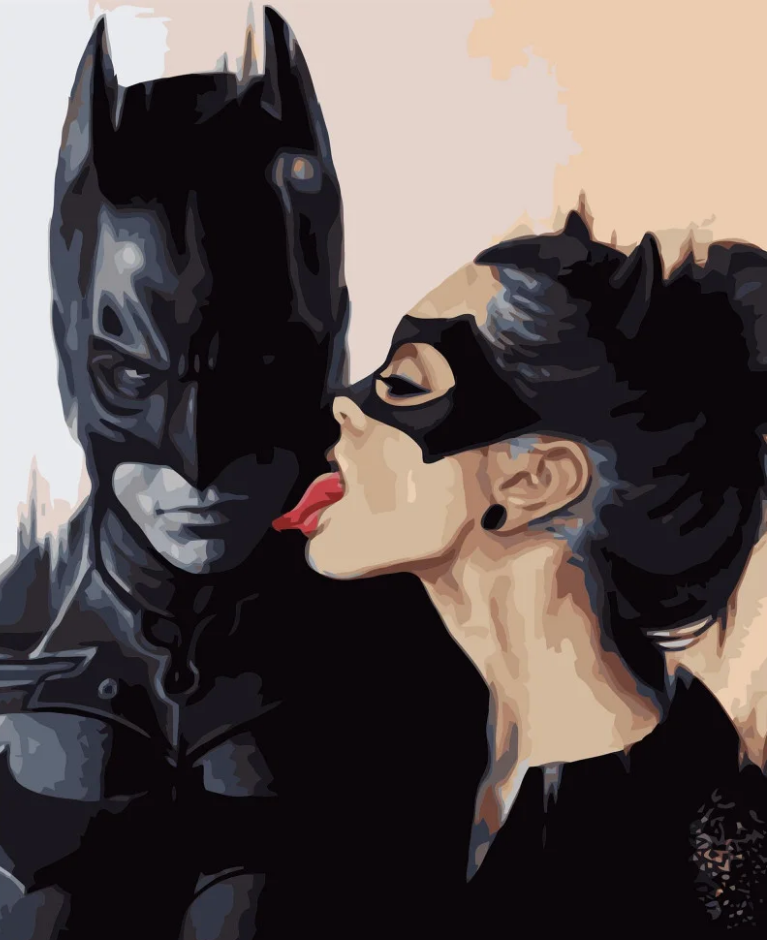 Картина по номерам Strateg Премиум Бэтмен с женщиной-кошкой с лаком и уровнем 40x50 см (VA-1141)