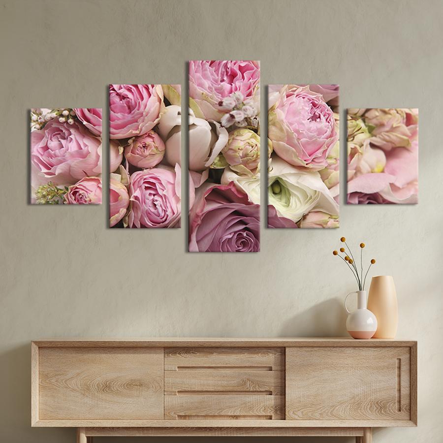 Модульная картина из 5 частей на холсте интерьерная картина Воздушный букет пионов 187x94 см (269-52)