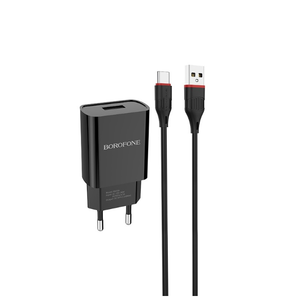 Зарядний пристрій Borofone BA20A Sharp single port charger set USB to Type-C cable Black (6931474702142)