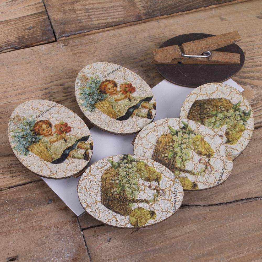 Прищепка овал с ретро рисунком девочка и корзина (3738)