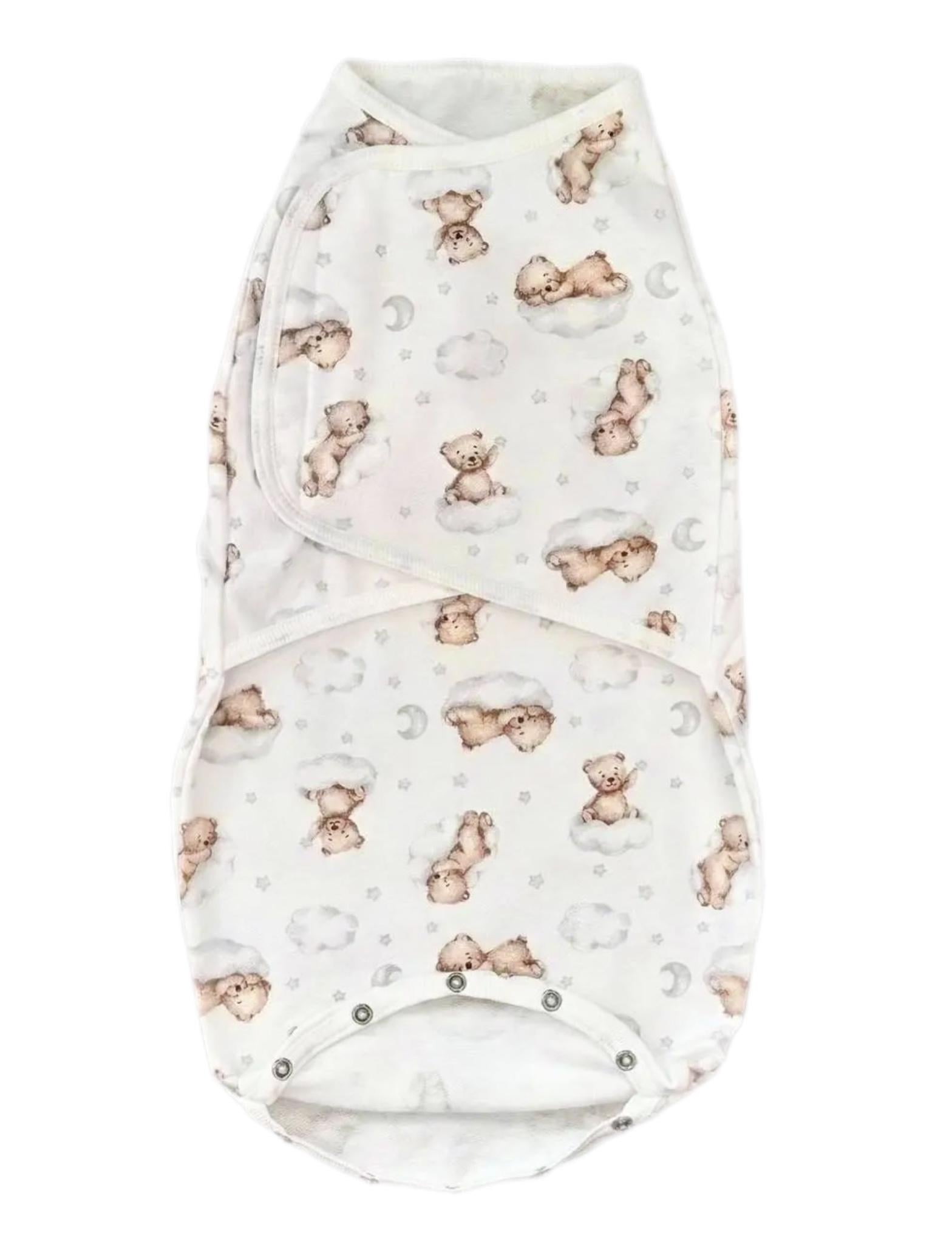 Пеленка-кокон детская Мишка на облачках Евро на липучках байка №117 0-6 мес. Белый (144112)